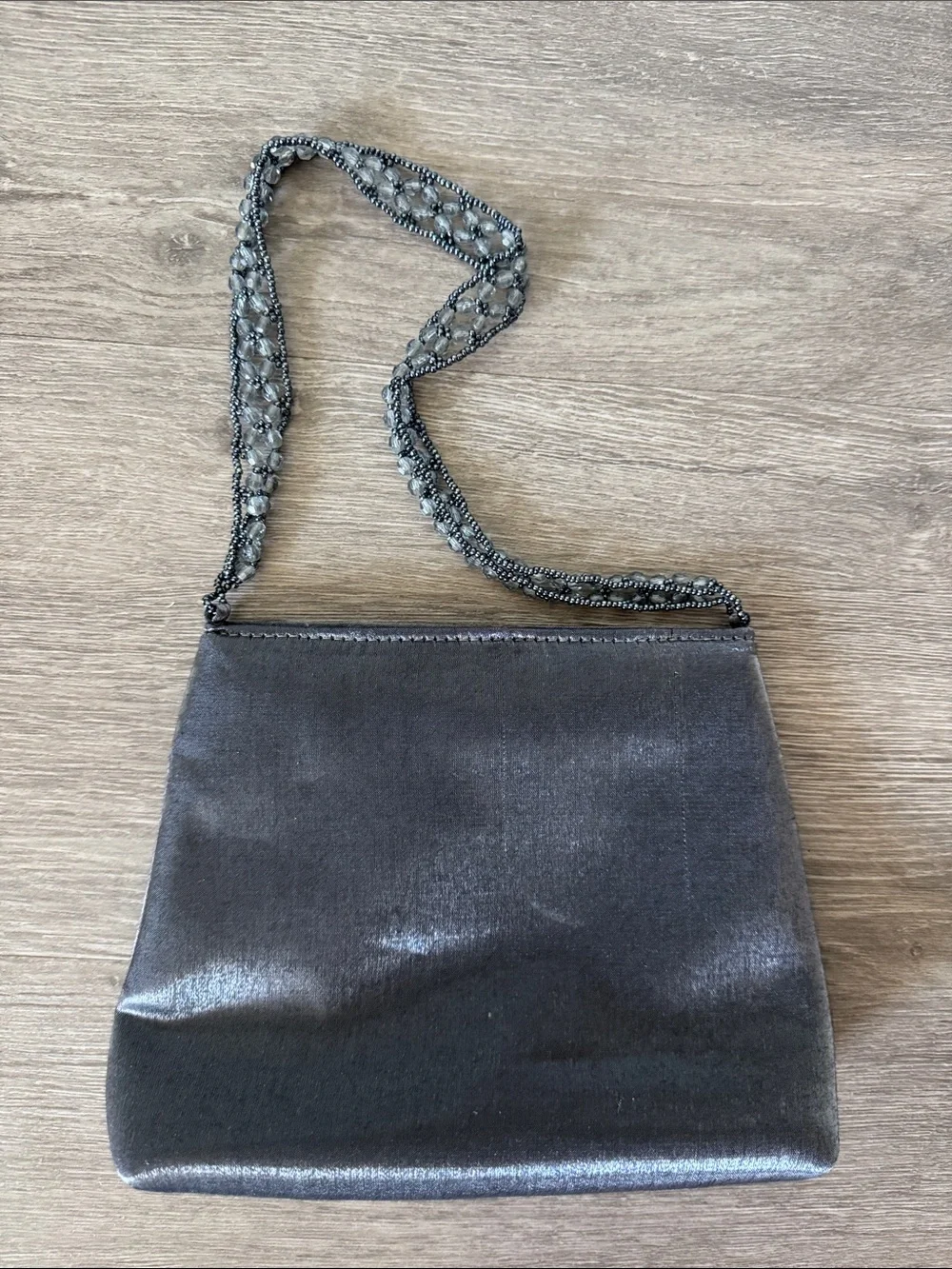 Purplish Gray Metallic Evening Mini Bag with Beaded Strap - Picture 3 of 6